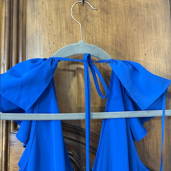 Amanda Uprichard Y2K Vintage Royal Blue Ruffle. Halter V Neck Backless Dress L - Picture 7 of 10